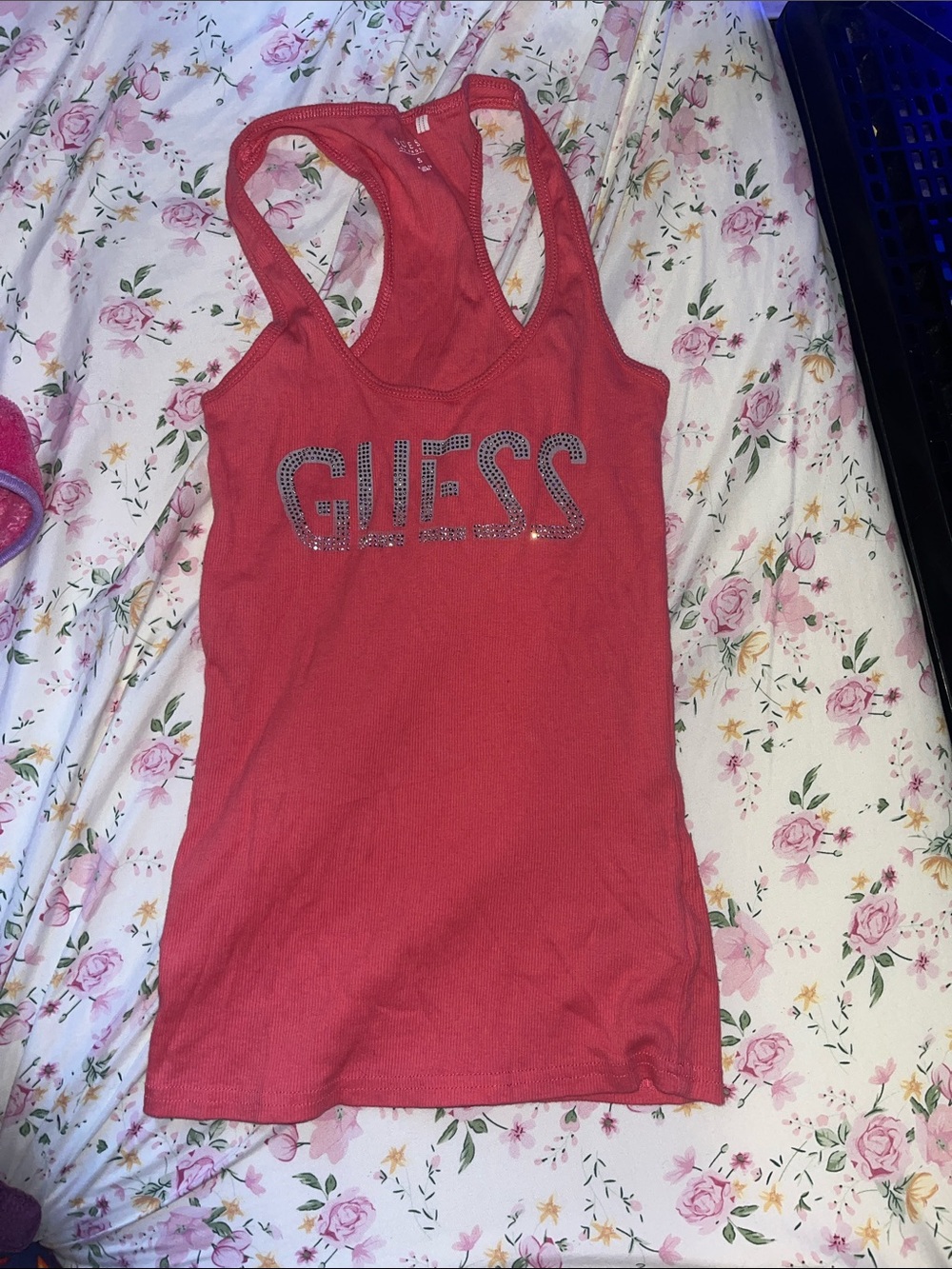 GUESS Red Rhinestone Logo Racerback Tank